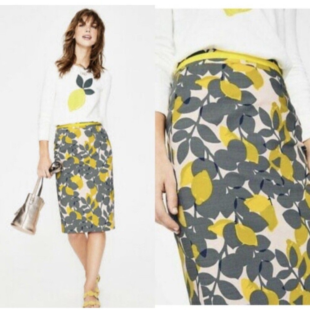 NWOT Boden Cotton Yellow Gray Lemon Floral Office Siren Pencil Skirt Sz. 10